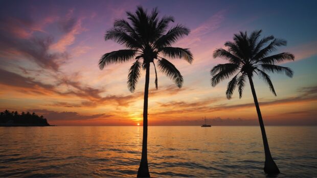 Summer sunset landscape wallpaper with silhouetted palm trees.