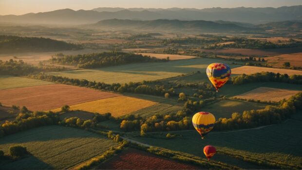 Summer vibes HD wallpaper with Romantic hot air balloon ride with sweeping views of patchwork fields and distant mountains.