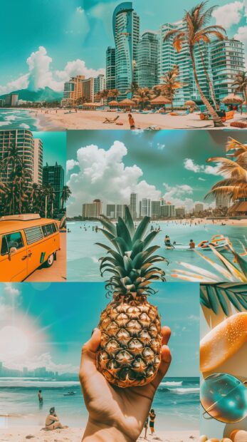 Summer vibes featuring beach scenes with palm trees and crystal clear waters; colorful surfboards on the shore; an orange van parked under tall buildings in a coastal city.