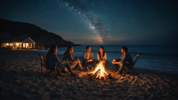 Summer vibes wallpaper HD with Cozy beach bonfire scene with friends roasting marshmallows under a starry sky.