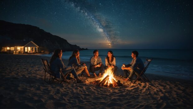 Summer vibes wallpaper HD with Cozy beach bonfire scene with friends roasting marshmallows under a starry sky.