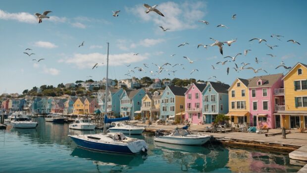 Summer vibes wallpaper with Coastal town with pastel colored buildings, sailboats in the harbor, and seagulls in the sky.