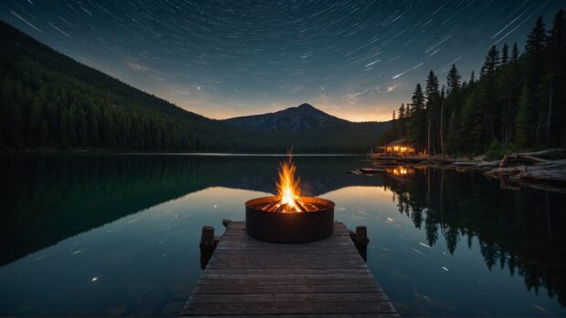 Summer vibes wallpaper with Cozy lakeside cabin scene with a crackling fire pit, fishing dock, and stars reflected in the water.