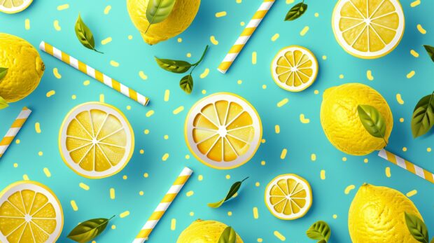 Summer vibes wallpaper with Lemon pattern with lemon and straw illustration, flat design with igh quality.