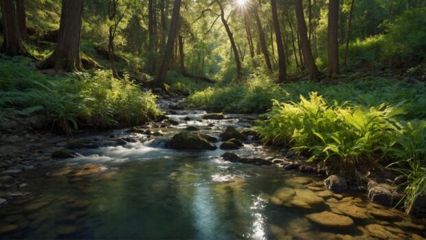 Summer vibes wallpaper with Tranquil forest glade with dappled sunlight filtering through the trees and a babbling brook.