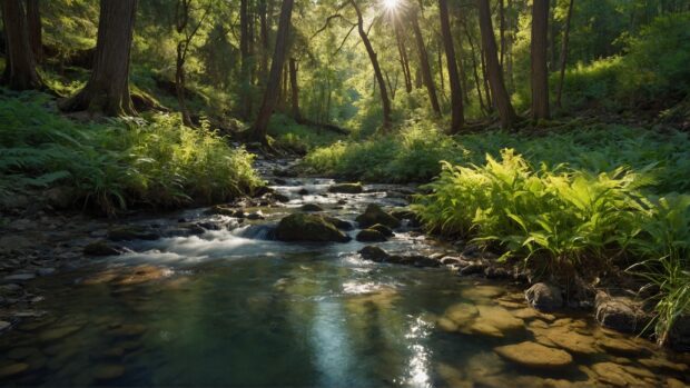 Summer vibes wallpaper with Tranquil forest glade with dappled sunlight filtering through the trees and a babbling brook.