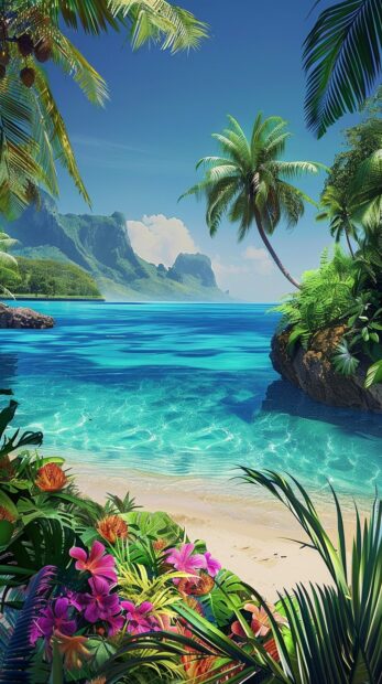 Summer vibes wallpaper with a lush tropical island scene with clear blue water.