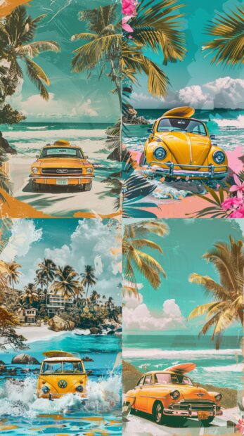 Summer vibes wallpaper with palm trees, blue water, yellow car with a surfboard on the roof.