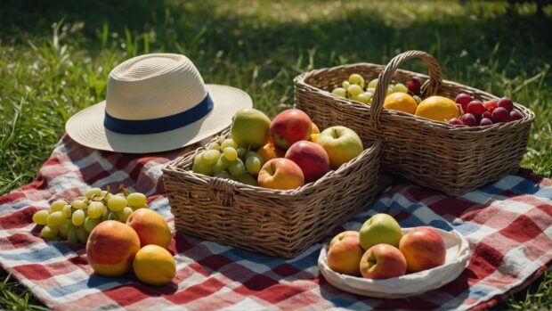 Summer vibes wallpaper with picnic scene with a checkered blanket, sun hats, and a basket of fruits.