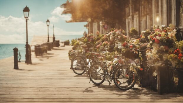 Summer vintage wallpaper with retro bicycles parked on a boardwalk by the beach.