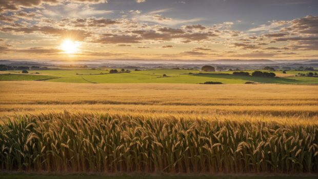 Summer wallpaper of a sun kissed field of wheat stretching to the horizon.