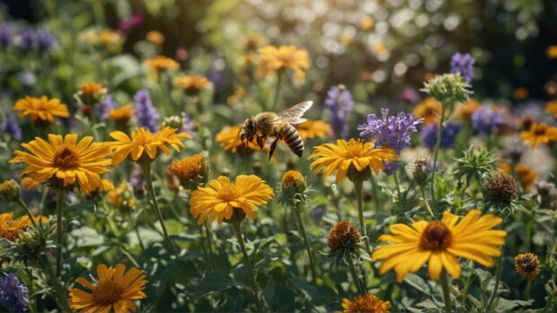 Summertime garden with blooming flowers, buzzing bees, and butterflies fluttering around.