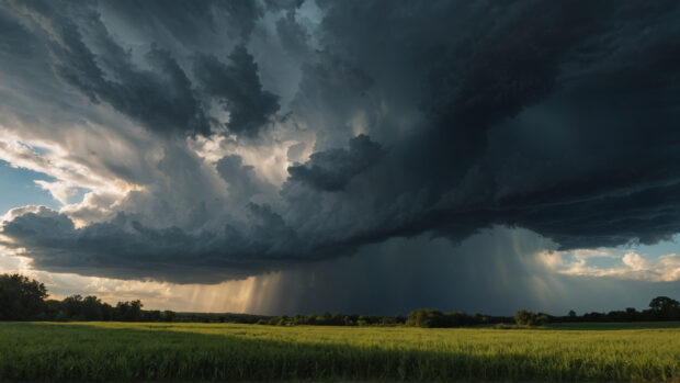 Summery sky with a burst of sunlight breaking through storm clouds.