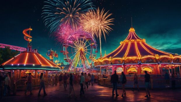 Surreal summer night amusement park wallpaper with rides illuminated by neon lights and fireworks painting the sky.
