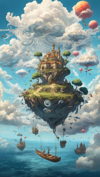 Surreal summer wallpaper with floating island aesthetic image.