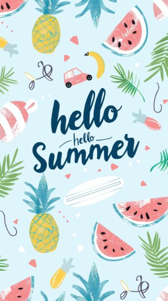 The pattern of summer vibes elements such as watermelon, palm trees and pineapples is scattered across the background.