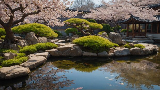 Tranquil Zen garden with a koi pond, bonsai trees, and cherry blossoms in full bloom.