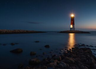Tranquil summer night lighthouse wallpaper with the beacon casting its light across the dark waters.