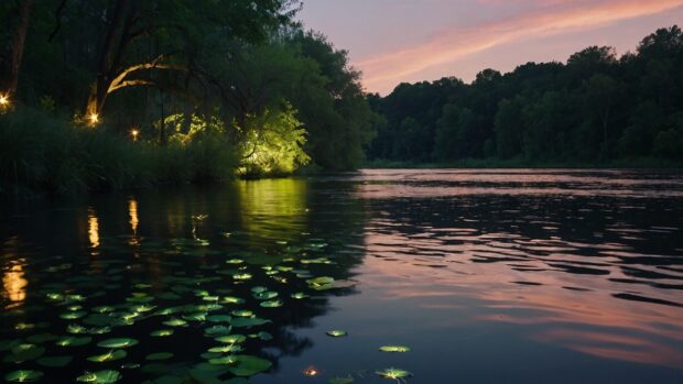 Tranquil summer night riverbank wallpaper with fireflies dancing above the water's surface.