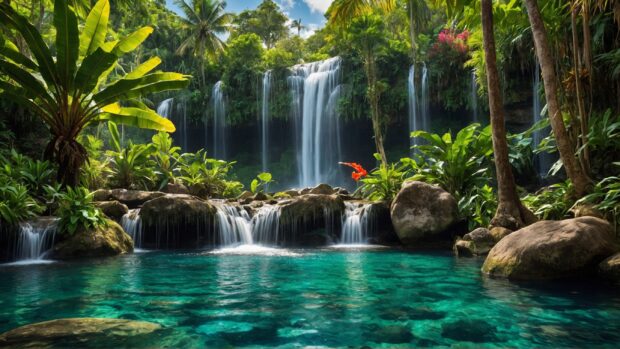 Tropical paradise landscape wallpaper with towering waterfalls cascading into crystal clear pools.