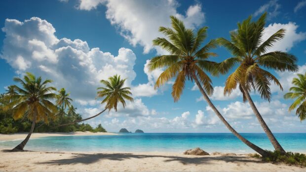 Tropical paradise on your desktop with palm trees, golden sands, and a sky painted in shades of blue and adorned with fluffy white clouds.