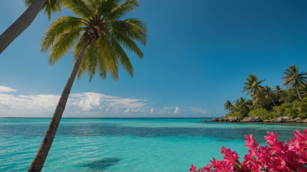 Tropical paradise with vibrant flowers, turquoise waters, and a clear blue sky.