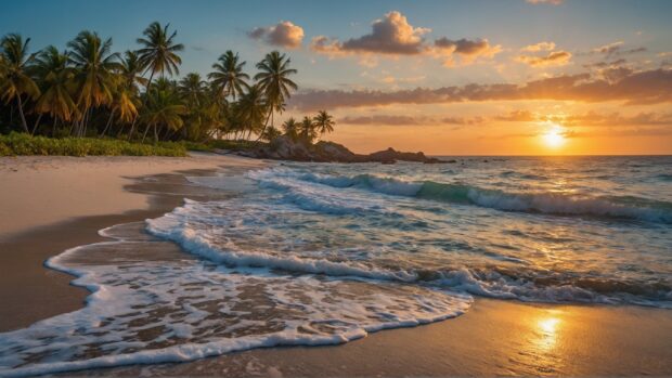 Vibrant beach landscape wallpaper capturing the essence of summer with palm trees swaying in the breeze.