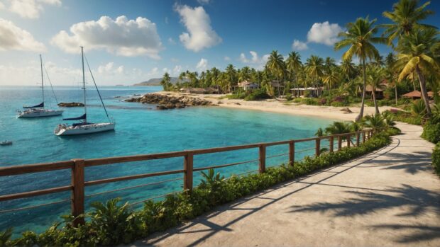 Vibrant desktop wallpaper with a palm lined promenade overlooking a tranquil beach, with sailboats gliding across the azure waters.
