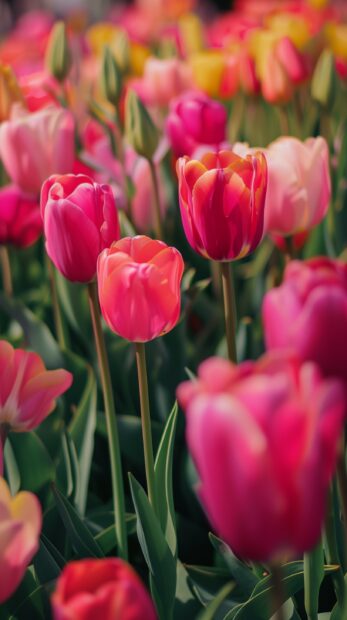 Vibrant field of tulips flowers for iPhone HD background.