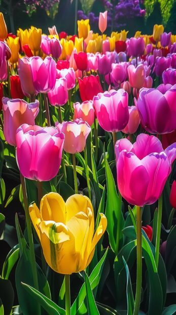 Vibrant field of tulips flowers for iPhone background.