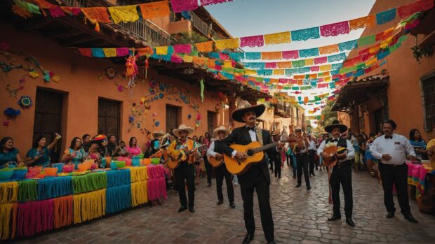 Vibrant fiesta celebration with colorful papel picado banners and mariachi bands.