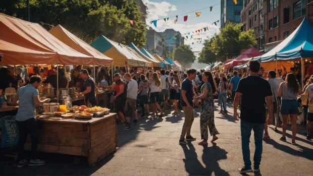 Vibrant summer vibes street festival with food stalls, live music, and people dancing in the streets.