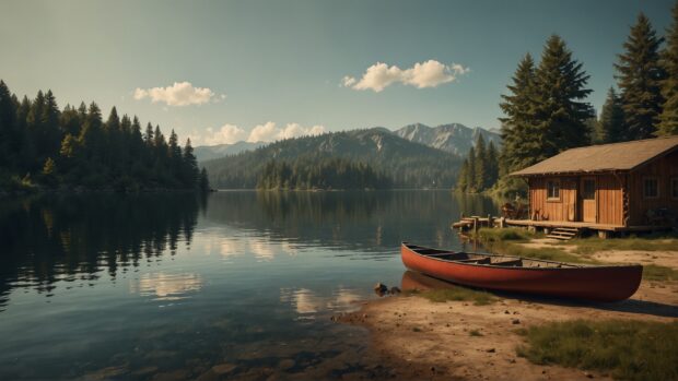 Vintage Summer camp wallpaper with rustic cabins, campfires, and canoeing on a lake.