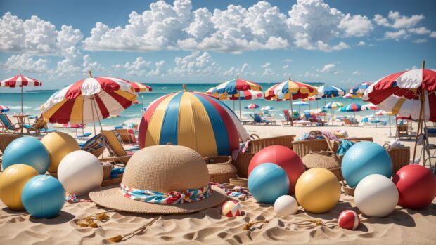Vintage beach scene wallpaper with old fashioned swimsuits, beach balls, and parasols.