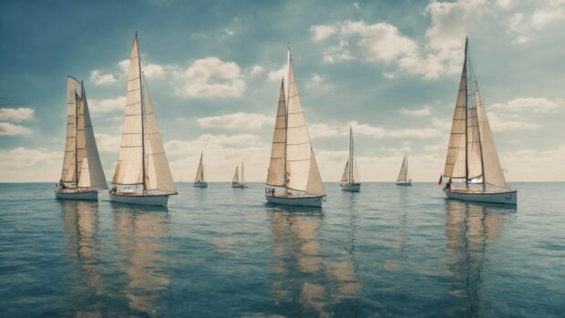 Vintage boating wallpaper with classic sailboats and yachts sailing on a calm sea.