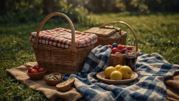 Vintage picnic wallpaper with wicker baskets, checked blankets, and picnic fare.