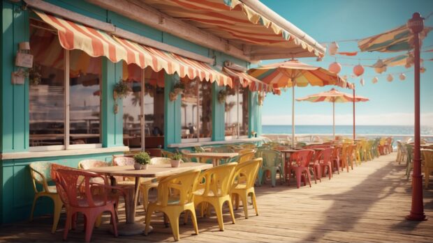 Vintage seaside café summer wallpaper with outdoor seating and colorful awnings.