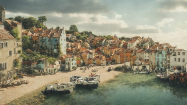 Vintage seaside town summer wallpaper with quaint cottages, cobblestone streets, and fishing boats.