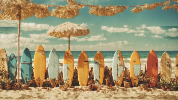 Vintage summer wallpaper featuring a retro beach scene with striped umbrellas and wooden surfboards.