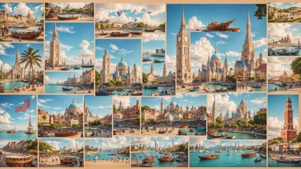 Vintage travel poster style wallpaper featuring iconic landmarks and attractions of summer destinations.