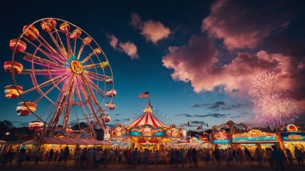 Whimsical summer vibes carnival with Ferris wheels, cotton candy clouds, and fireworks lighting up the night sky.