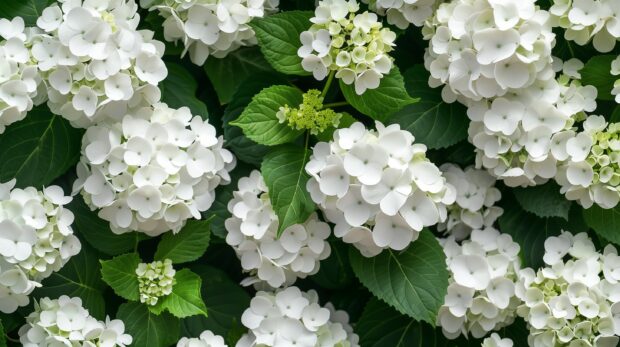 White Hydrangea Flowers With Leaves Wallpaper.