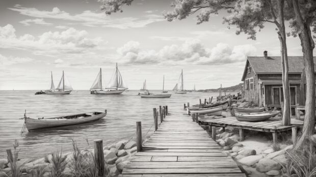 a black and white summer wallpaper featuring a vintage beach scene with old wooden docks and sailboats.