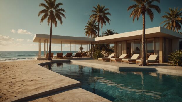 a retro beach resort wallpaper with mid century architecture and palm fringed pools.