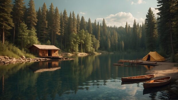 a vintage summer camp wallpaper with rustic cabins, campfires, and canoeing on a lake.