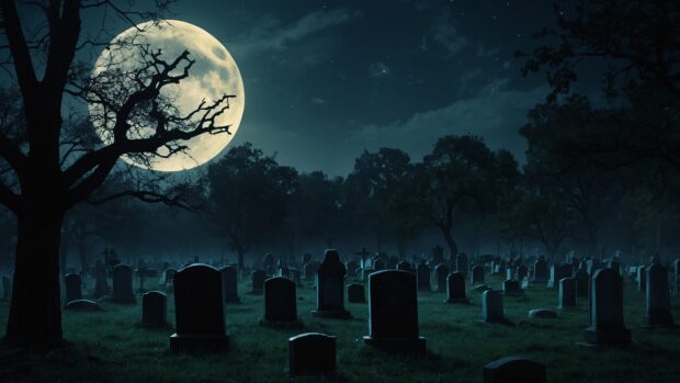mysterious summer night graveyard wallpaper with tombstones silhouetted against the moonlit sky.