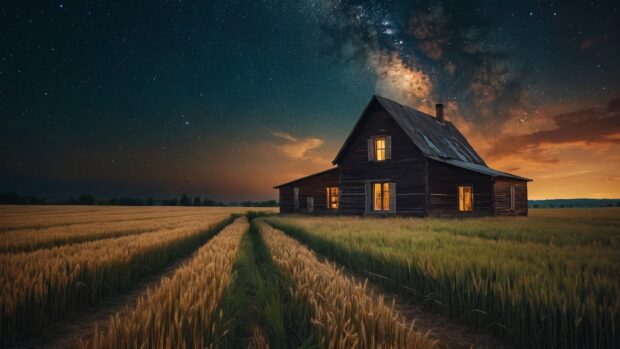serene summer night countryside wallpaper with a rustic farmhouse nestled among fields of wheat, under a sky ablaze with stars.